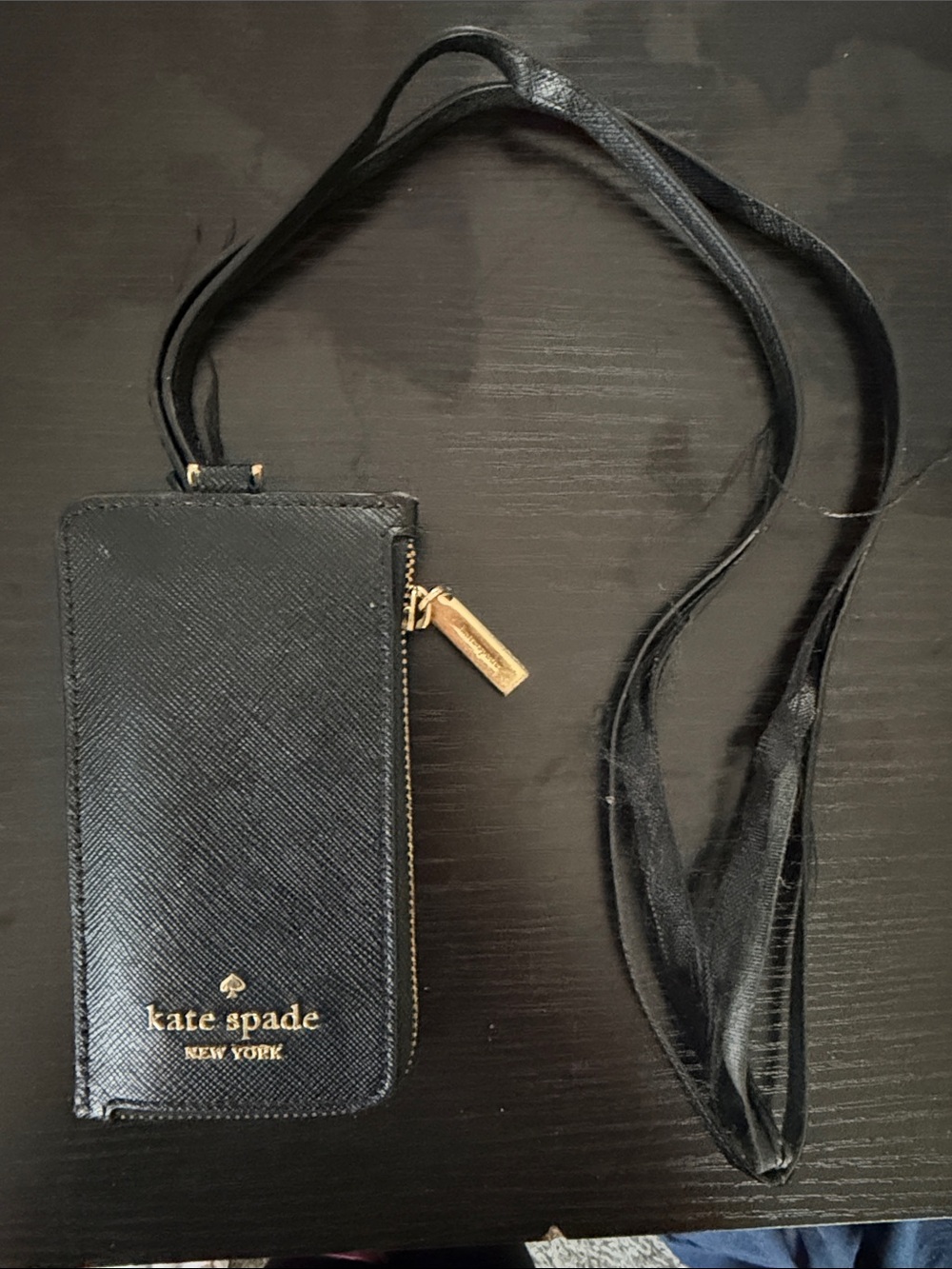 kate spade black leather ID pouch with gold hardware
